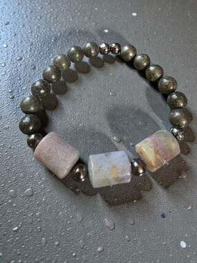Styleandstone Pyrite Pink Marbled Stone Stretch Bracelet